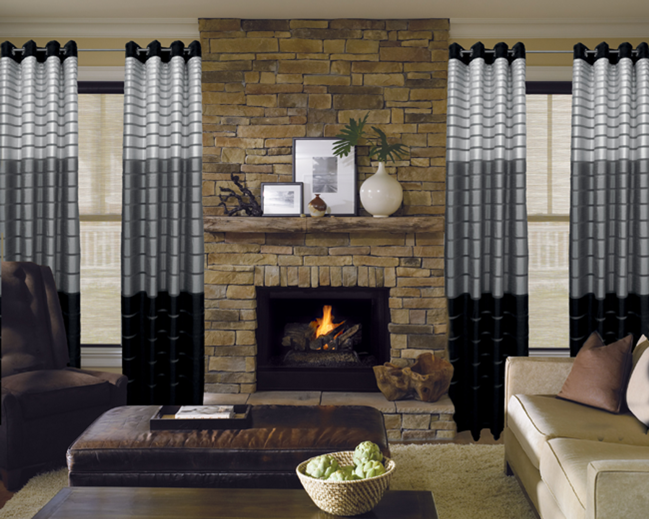Horizontal Velvet Drapery Panel - Black , Gray & Silver- Rayon - 60"x96" Inches