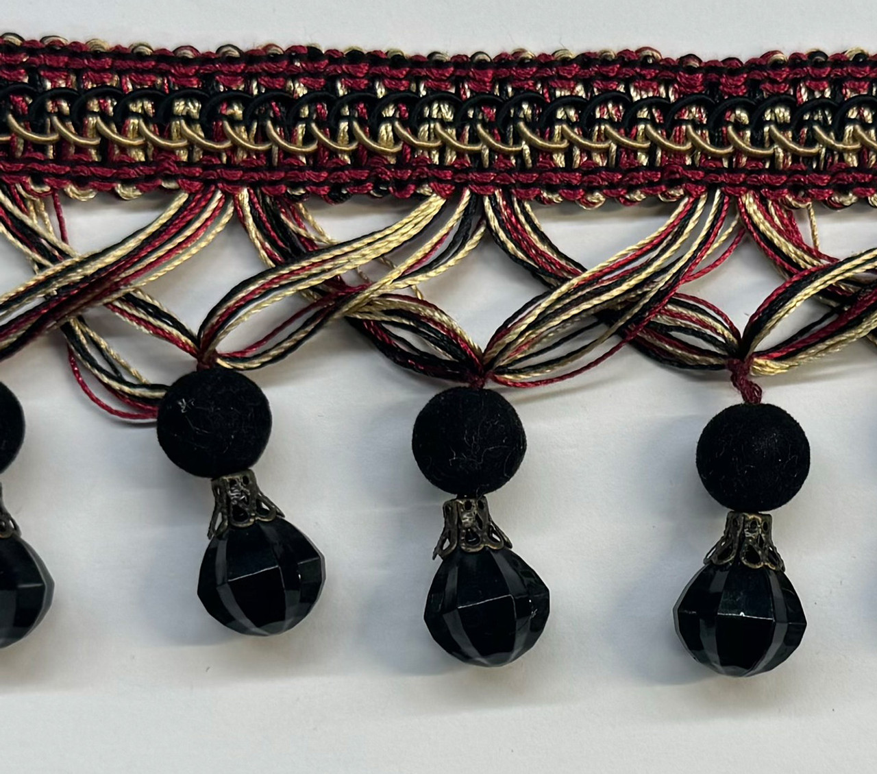 Beaded Fringe Black & red Trim ,2 1/2 inches, Perfect for drapery , upholstery , & bedding.