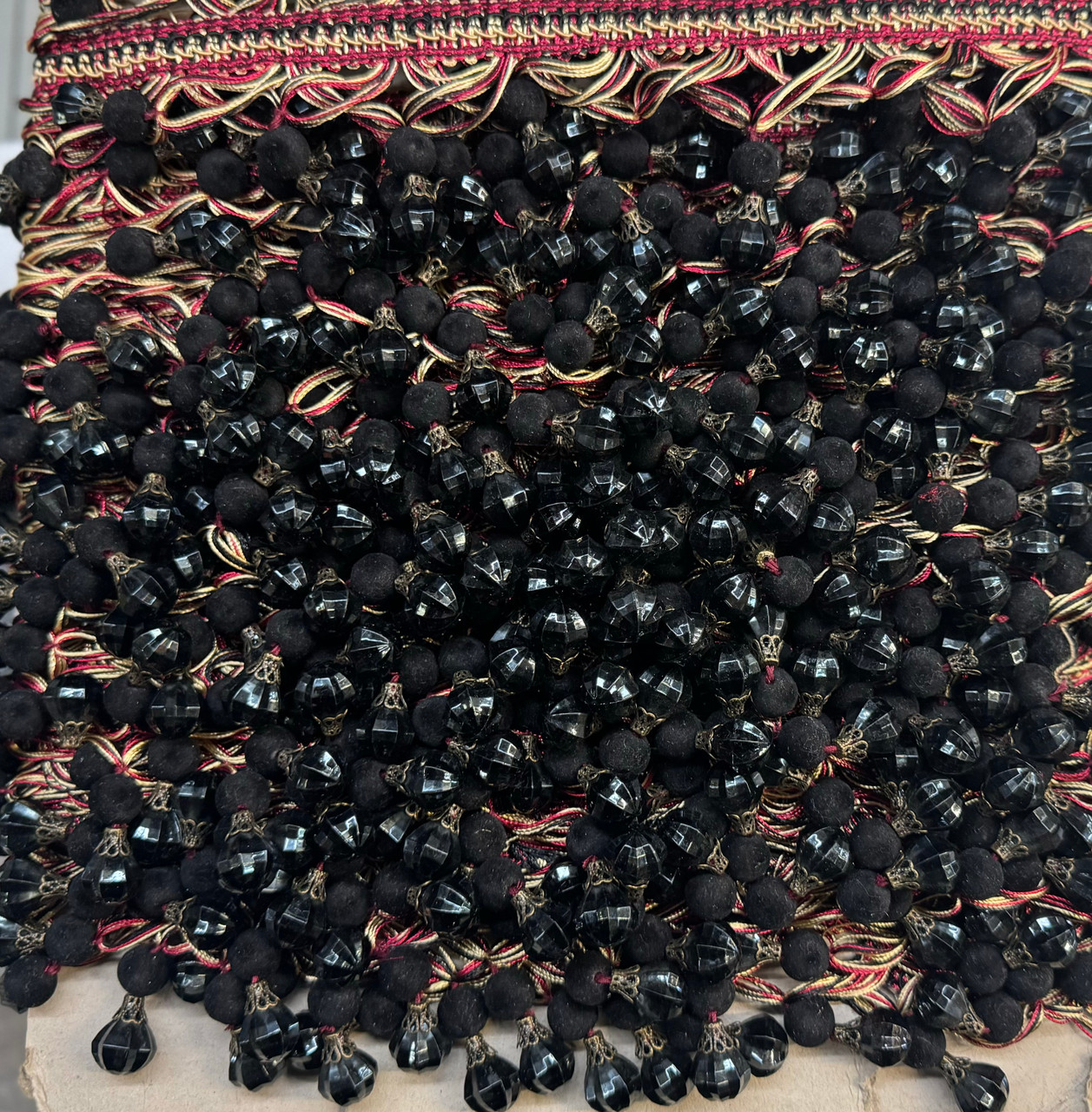 Beaded Fringe Black & red Trim ,2 1/2 inches, Perfect for drapery , upholstery , & bedding.