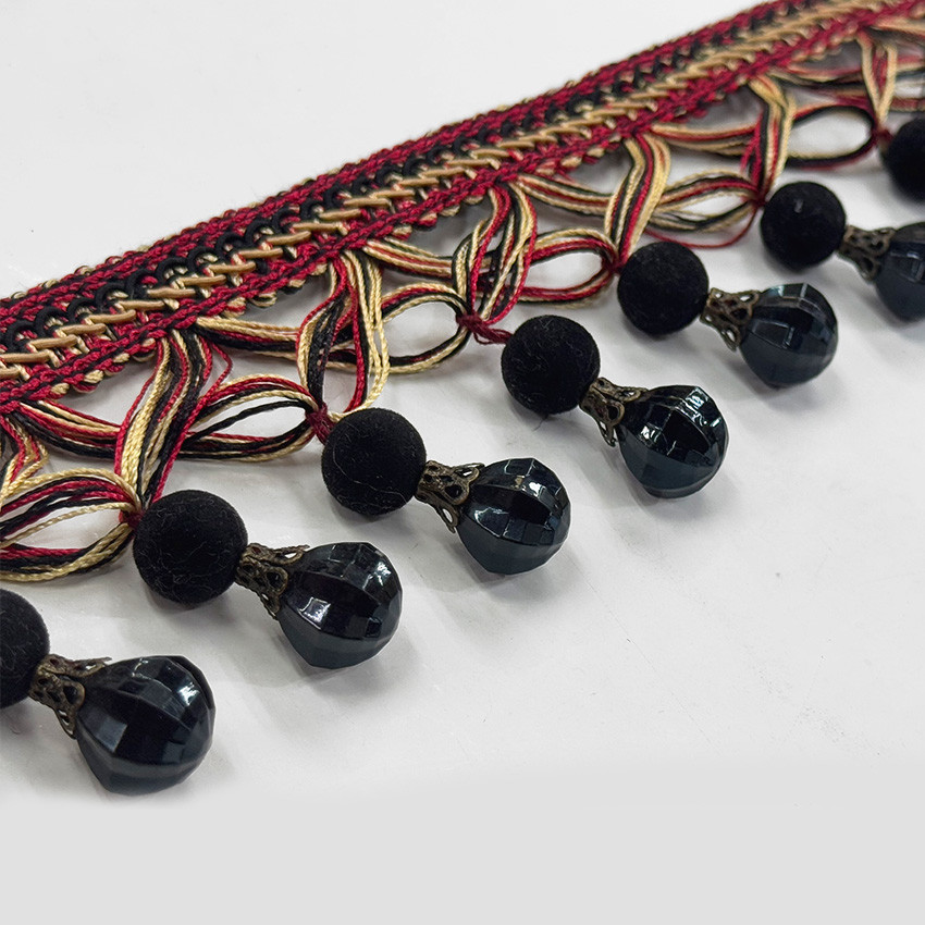 Beaded Fringe Black & red Trim ,2 1/2 inches, Perfect for drapery , upholstery , & bedding.