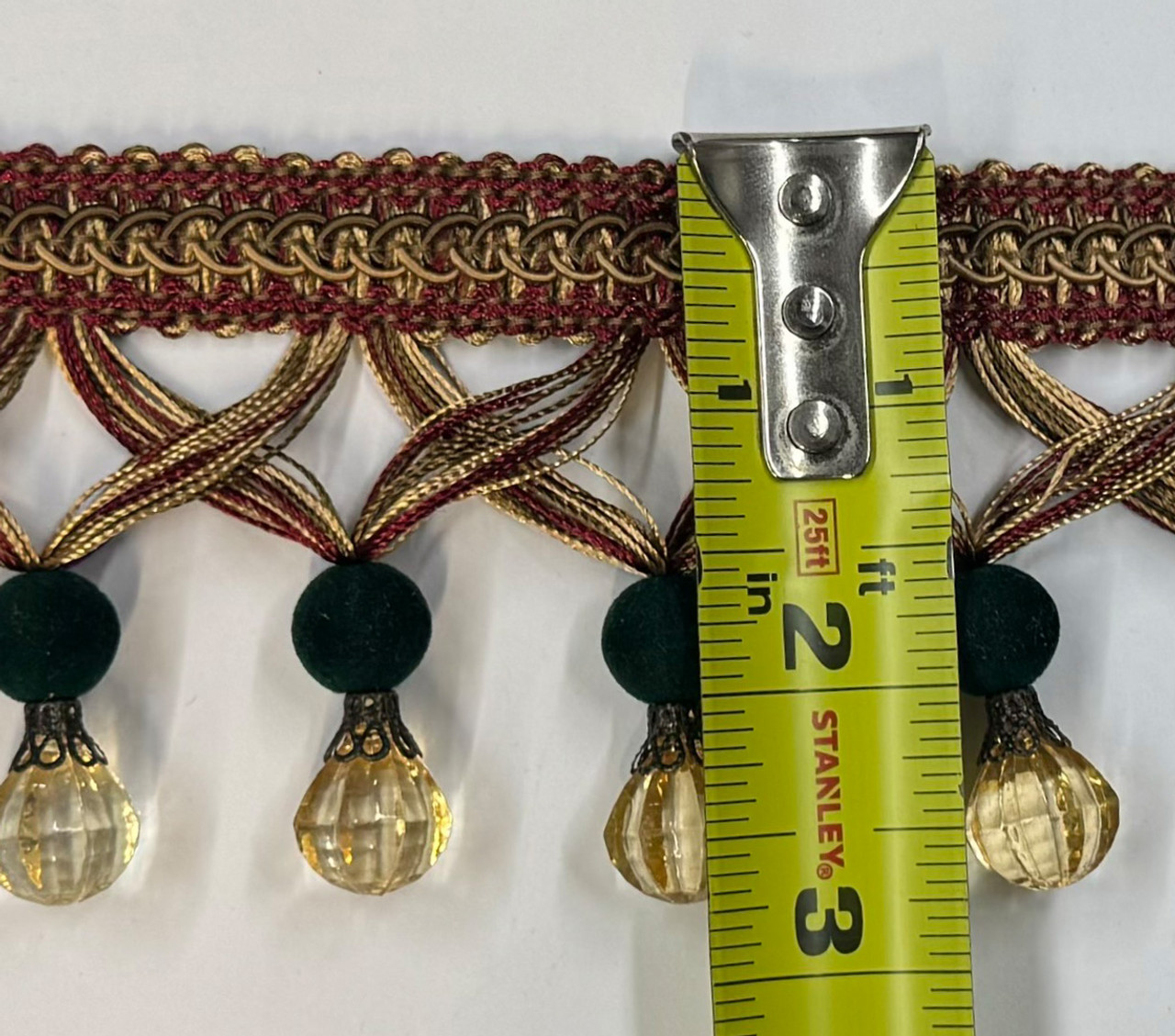 Beaded Fringe Green , Gold & Red Trim ,2 1/2 inches, Perfect for drapery , upholstery , & bedding.