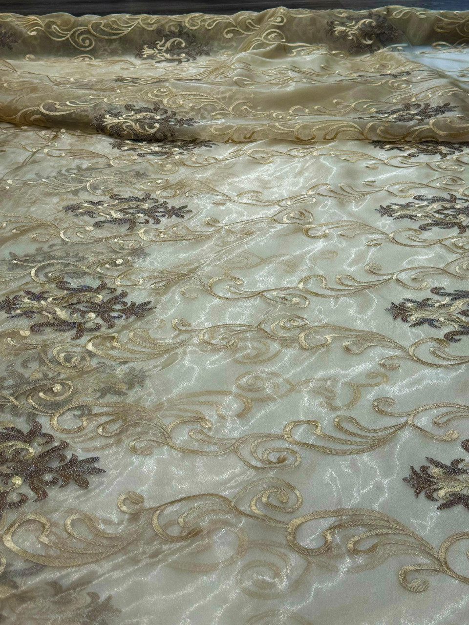  Embroidery  Sheer Fabric -Dark Brown- Polyester- Sepid 