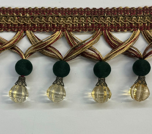 Beaded Fringe Green , Gold & Red Trim ,2 1/2 inches, Perfect for drapery , upholstery , & bedding.