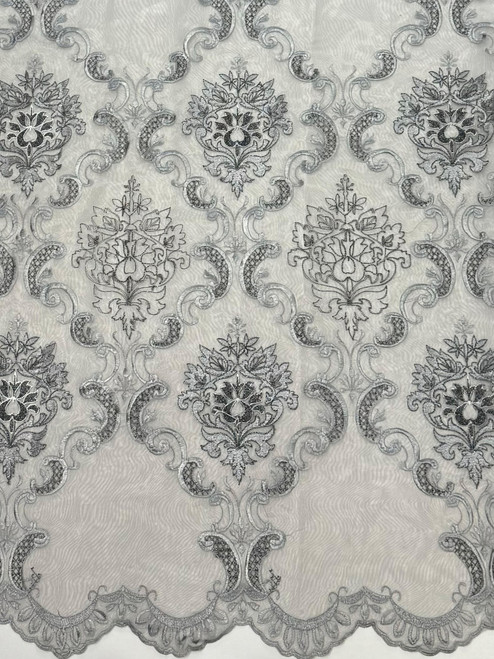  Embroidery  Sheer Fabric -Gray- Polyester- Damask