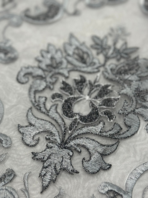  Embroidery  Sheer Fabric -Gray- Polyester- Damask