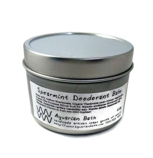 4 oz spearmint deodorant balm in metal container. AquarianBath.com plastic free