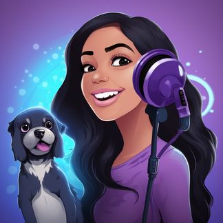 mozzarellakrunccy cartoon avatar. long dark haired young woman with microphone and a dog