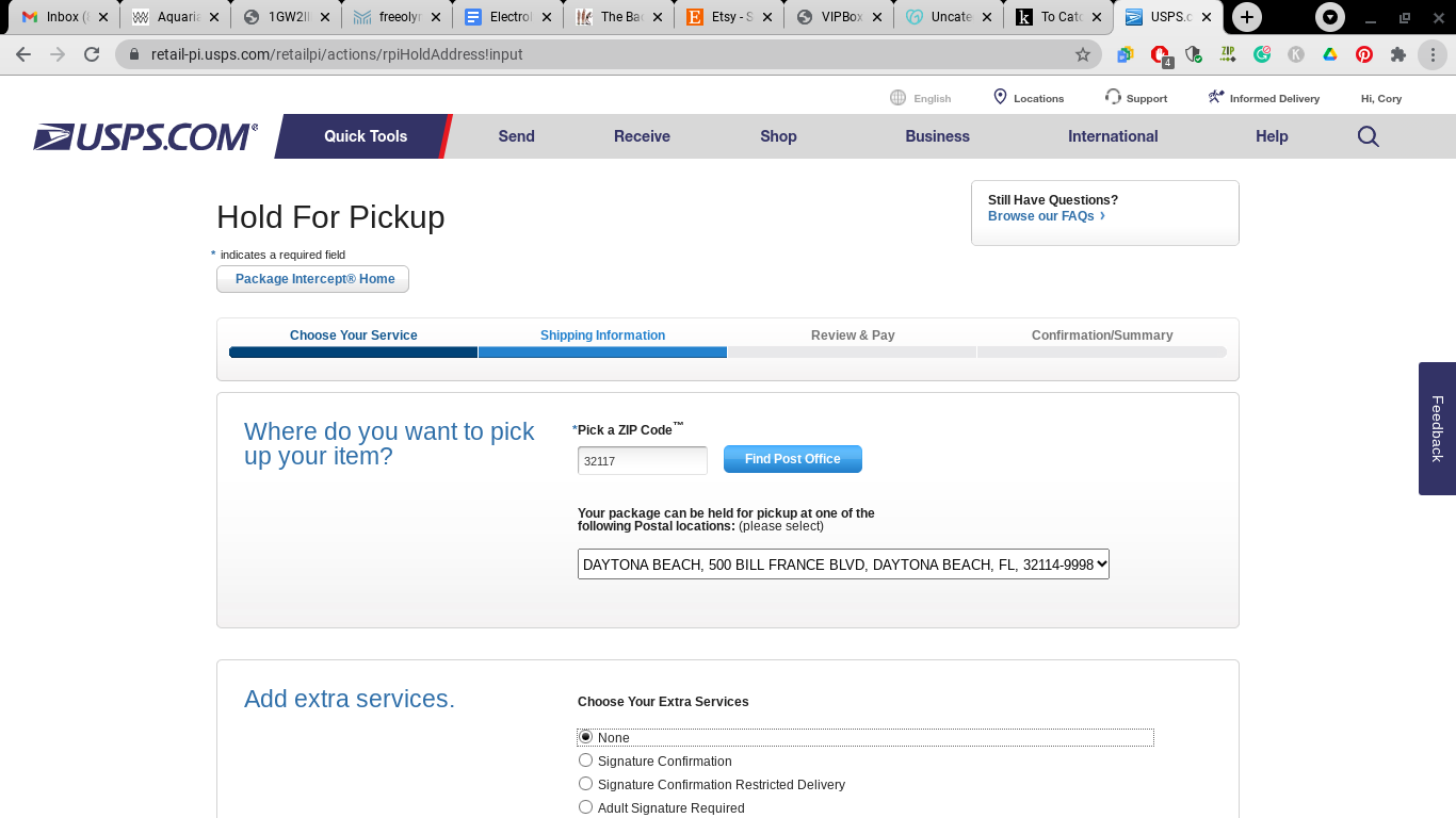What is the "HOLD FOR PICKUP" shipping option and when should I use it