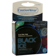 A front side image of a box of the Caution Wear Black Ice Ultra Thin Condoms.