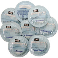 A front side image of the bulk pack of 12 ONE Pleasure Plus Condoms.