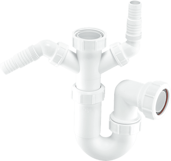 75mm Water Seal Adjustable Inlet Tubular Swivel ‘P’ Trap with 1½” Multifit Outlet and twin swivel 135° inlet connections for the discharge from domestic appliances. Sink Trap with Twin 135 Degree Nozzles and Domestic Appliance Inlet. Space saver and easy to fit. Installs in minutes. For the discharge from domestic appliances

75mm Water Seal

1½” Multifit Compression Outlet suits all plastic, copper and lead pipes

Adjustable Inlet makes trap suitable for all domestic repair, maintenance and improvement work

Can accept discharge from a washing and/or dishwashing machine(s)

Supplied with blank plugs allowing trap to function as a normal sink trap until the domestic appliances are connected

Available as Anti-Syphon (Silentrap). Add suffix “V” to product code.

Manufactured in polypropylene

Conforms to EN 274-1:2002