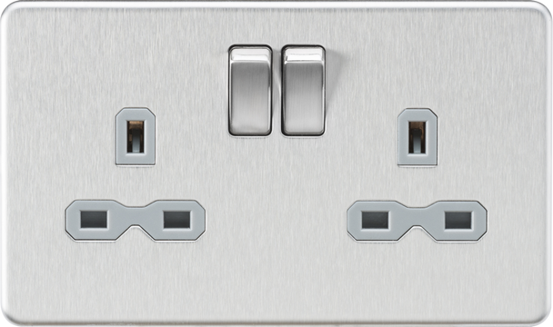 13A 2G Double Pole Socket with Twin Earths - Brushed Chrome with Grey