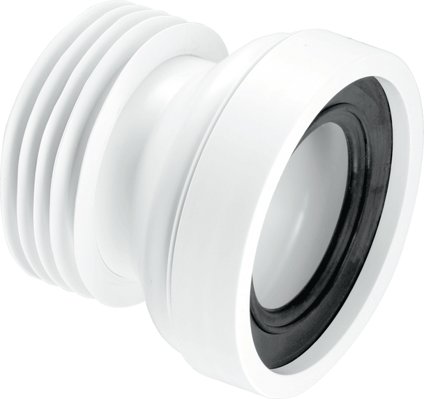 97-107mm Inlet x 4″/110mm Outlet Straight Rigid WC Connector. White EVA pan connector. The double seal on the pan connection gives a really good seal. Lock-ring inlet seal ensures tight connection to the pan. Overall length 130mm.

Outlet fits 4″/110mm inside diameter of PVC-U and cast iron soil pipe

97-107mm Inlet suits all pan spigots

Complies with BS 5627:1984 and DIN 1389:2015-12
Manufactured in Polypropylene