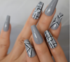 Decorated Gray w/Pattern Long Coffin Press on Nails