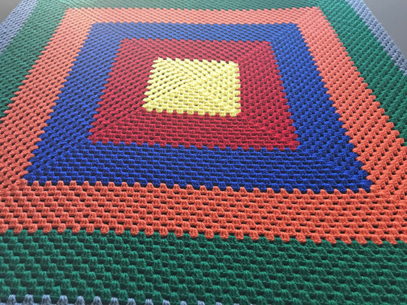 Yellow,Red,Blue,Orange,Green,Grey Hand Crocheted 57"x57" Blanket/Throw