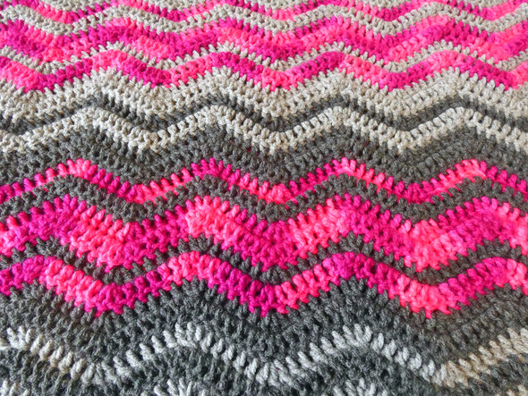 Pink & Grey Zig Zag Hand Crocheted Blanket. 80x76.