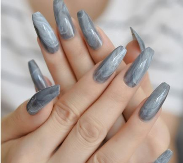 Grey Marbled Long Coffin Shaped Press on Nails