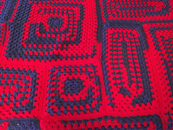 NFL Go-Team Red/Blue Afghan. Hand Crocheted. 100% Acrylic Yarn. 63"L x 40"W.