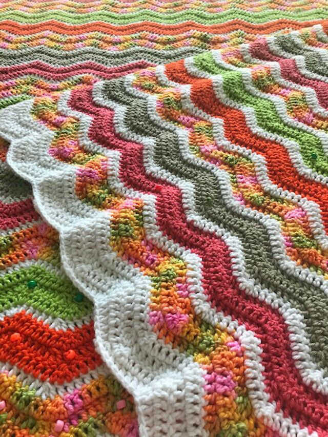 Baby Girl's Zig Zag Crocheted Blanket with Decorative Beads. 64x66.