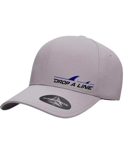 Image alt text: Elevate your coastal style with the Drop A Line Flexfit Delta Hat. This hat features an embroidered logo for a cleaner, sleeker look, making it ideal for daily activities. The sweat-proof sweatband repels stains, ensuring lasting freshness, while the stretch fabric provides maximum comfort for all-day wear. Perfect for saltwater fishing and beach adventures, this hat combines functionality with a touch of coastal sophistication.