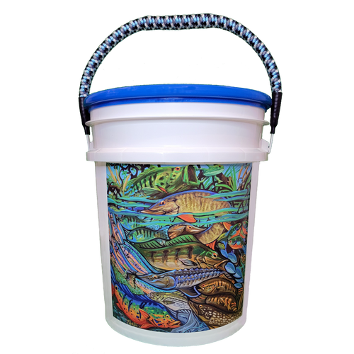 Image alt text: Elevate your storage with the Drop A Line Rope Bucket with Lid. Featuring a secure closure with a patent-pending plastic locking ring and lid, it prevents spills and keeps contents dry. The efficient rope handle ensures convenient carrying, while the comprehensive design includes a lid and locking ring for secure storage. Add an artistic touch with exclusive freshwater artwork by Roberto "Pasta" Pantaleo. Upgrade your storage game with this functional and aesthetically pleasing solution for freshwater fishing and boating needs.