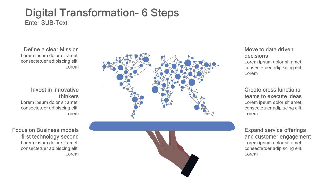 Digital Transformation with dotted world map in hand