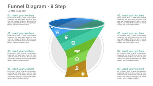 Funnel Diagram - 8 Steps Top opening slanting sections icons