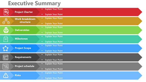 Executive Summary - 8 horizontal sections icons arrow head