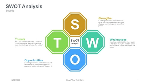 SWOT Analysis Alphabet in filled hexagon Rectangle inside