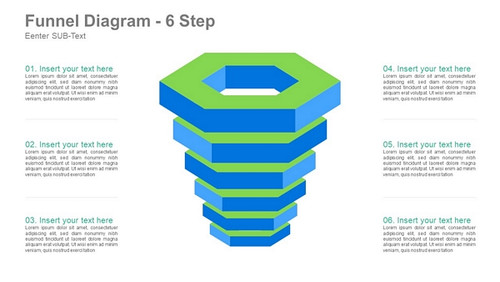 Funnel Diagram - 6 Steps - Hexagons arranged one on top of other