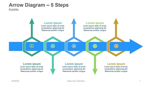 Arrow Diagram- 5 Steps - Hexagons placed on arrow