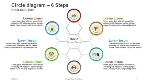 Circle diagram - 6 Steps Hexagon with plain hexagon on each side