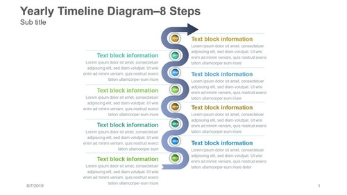 Yearly Timeline Diagram- 8 Steps - Arrow Chain - Curving Up