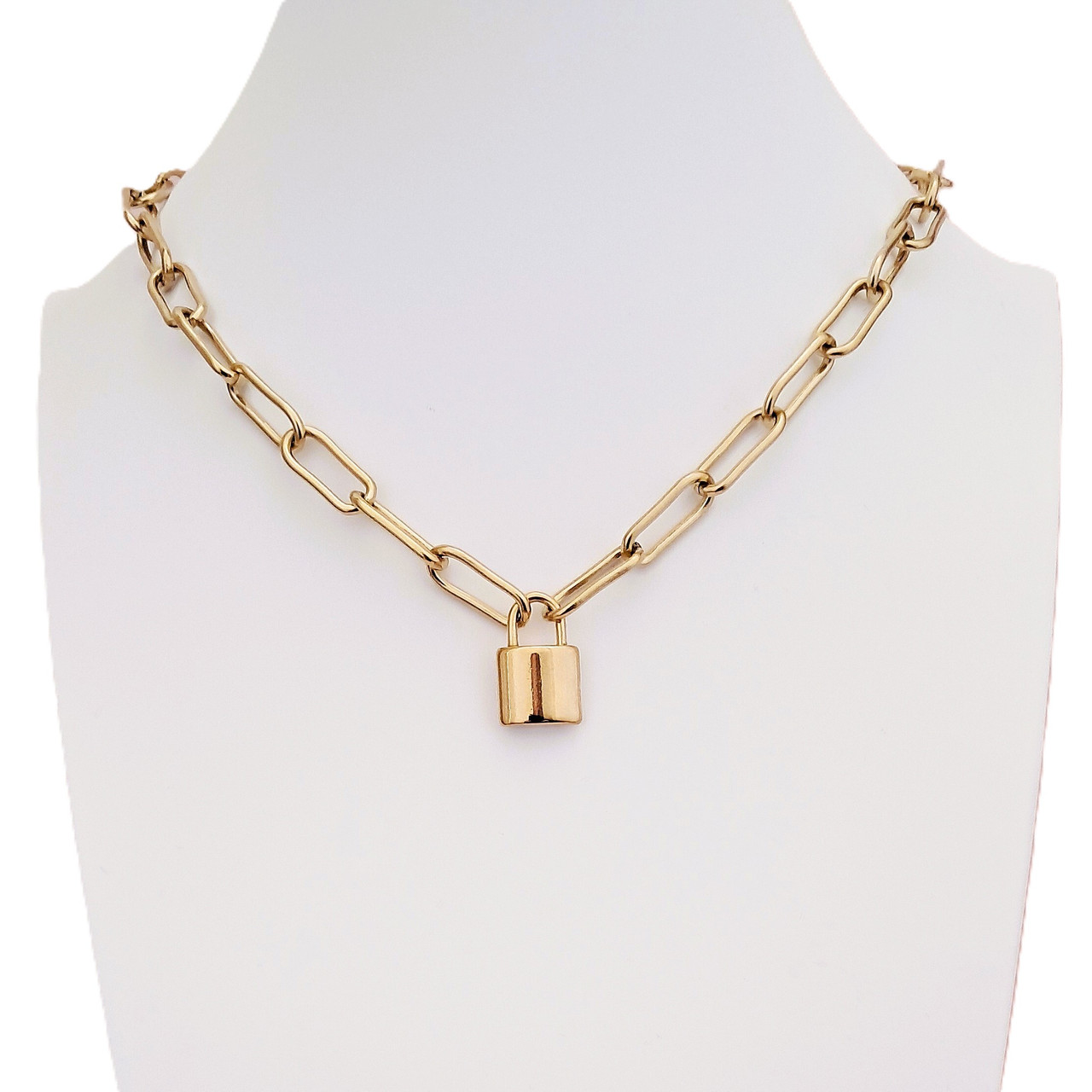 Paperclip Chain Chain Lock Necklace Gold Gold Essential Paperclip