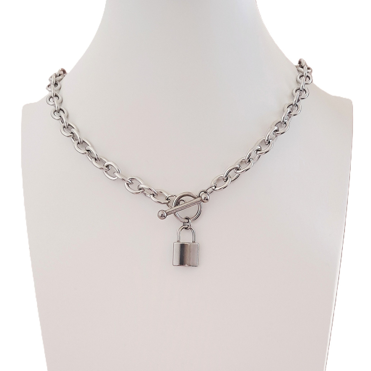 Cable Chain Padlock Necklace - Silver Polished Steel - Custom