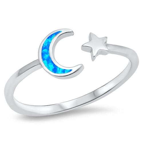Sterling Silver Opal Moon and Star Open Plus Size Ring
