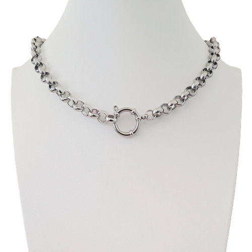 Silver Steel Choker European Bolt Ring Belcher Rolo Necklace