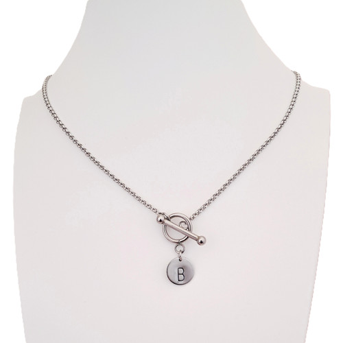 Hand Stamped Initial T Bar Toggle Necklace Chain Pendant Silver Stainless Steel