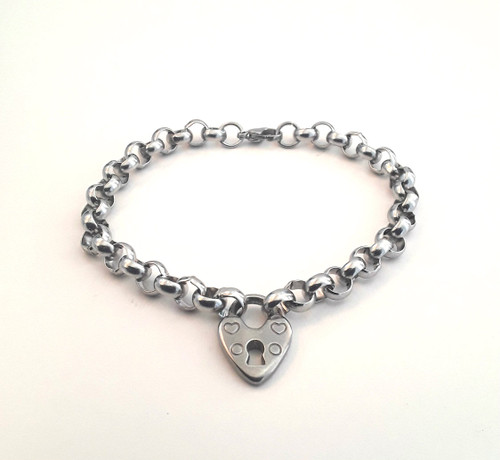 Custom Made Length Silver 316 Steel Padlock Love Heart Rolo Belcher Bracelet
