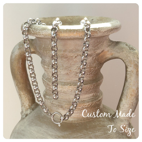 Custom Hand Made Silver Stainless Steel Choker European Bolt Ring 

9mm x 4mm Belcher Rolo Necklace    (see separate listing for bracelet)