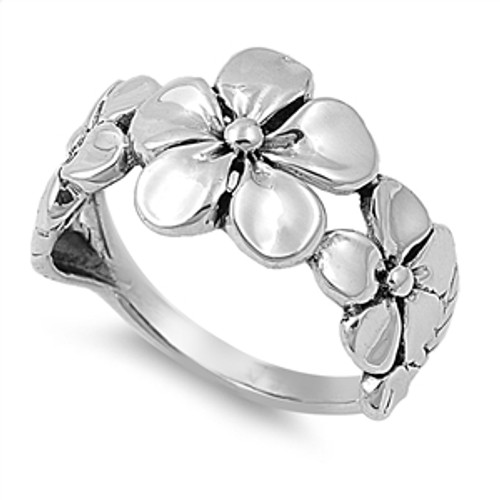 925 STERLING SILVER Plumeria 3 Flower Wide Plus Size Ring