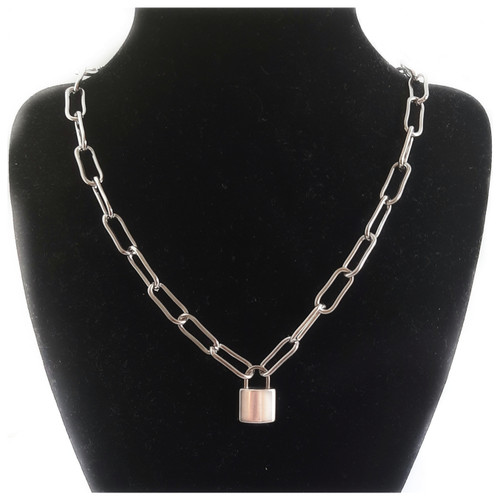 Silver Steel Paperclip Link Chain Padlock Necklace - Custom Length