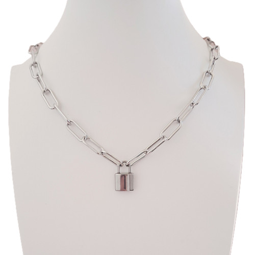 Silver Steel Paperclip Link Chain Padlock Necklace - Custom Length