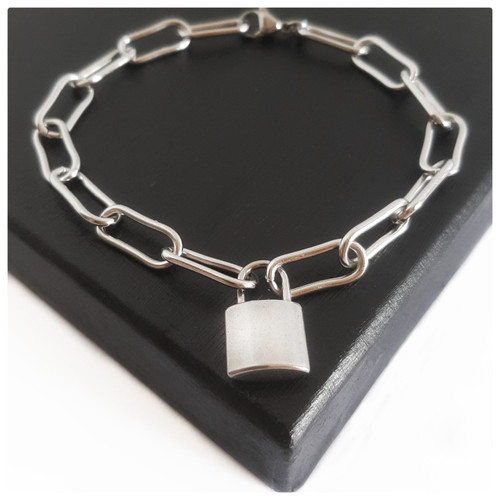 Silver 316 Steel Paperclip Link Padlock Bracelet - Custom Length 