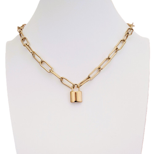 Gold Plated on 316 Steel Paper Clip Link Chain Padlock Necklace
