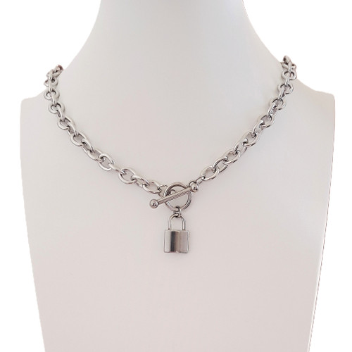 Chunky Cable Chain Padlock Necklace - Silver Polished Steel - Custom Length