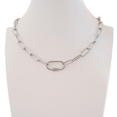 Silver 316 Steel Paper Clip Link Chain Carabiner Necklace
