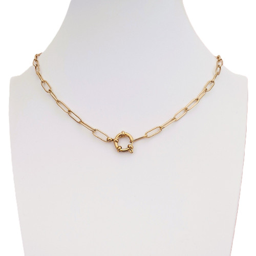 Gold on Stainless Steel 4mm Etched Paper Clip Link Chain O Euro Spring Ring Bolt Necklace