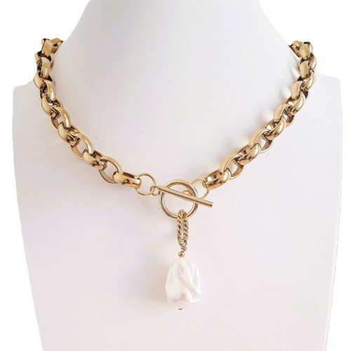 Genuine Natural Baroque Pearl Statement Necklace – Chunky Oval Belcher Chain - O Ring Clasp - Unique handmade design - Gold stainless steel