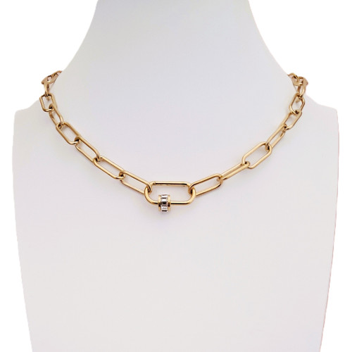 Crystal stone Paperclip Chain Necklace with Carabiner Clasp – Custom Length – Gold Plated on 316 Steel